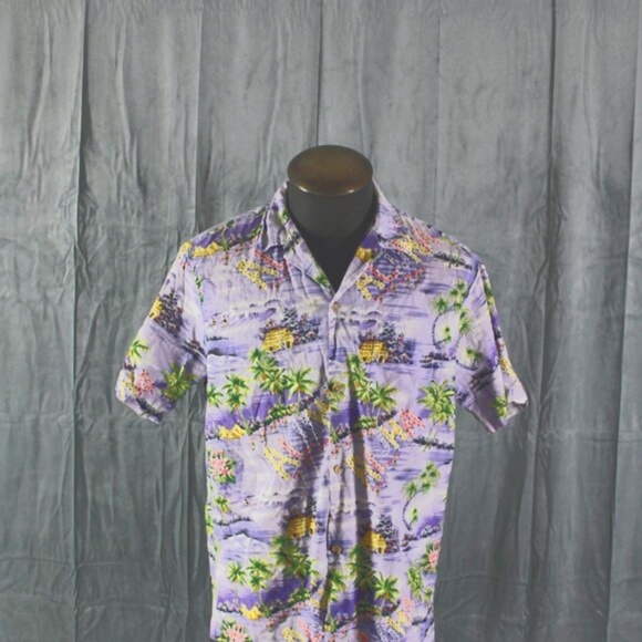 Vintage Hawaiian Shirt - Hut and Hula Pattern by Rainbow Hawaii - Men's Large - Picture 1 of 10
